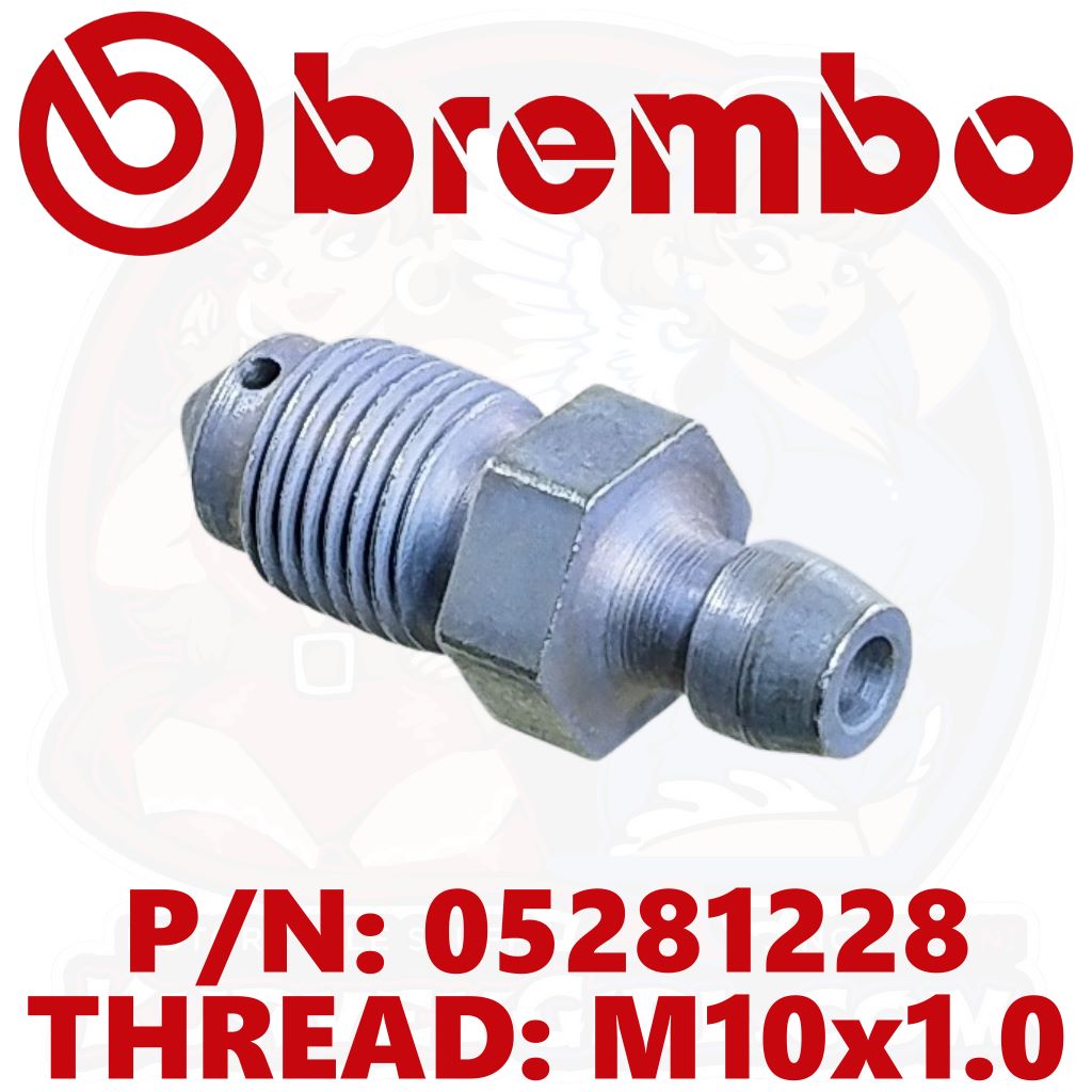 Brembo Replacement Bleed Screw Gray M10x1.0 05281228 (05.2812.28) Port View - A metallic brake hose end fitting with a hexagonal nut body and threaded ends, shown on a white background with a red Brembo logo at the top and red text at the bottom reading P/N: 05281228 and THREAD: M10x1.0.