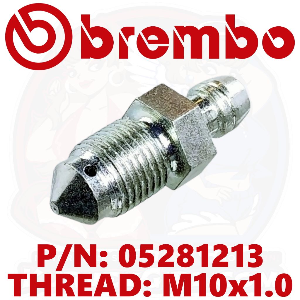 Brembo Replacement Bleed Screw Silver M10x1.0 05281213 - A silver metal brake hose end fitting with a threaded M10x1.0 connection, shown against a white background with a red Brembo logo at the top and red text at the bottom displaying the part number and thread specification.