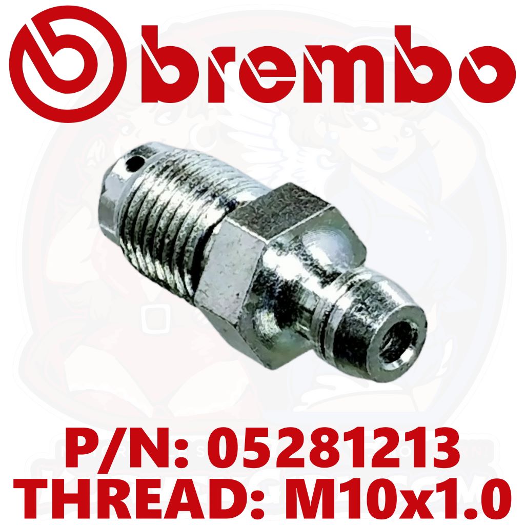Brembo Replacement Bleed Screw Silver M10x1.0 05281213 Port View - metallic brake hose fitting with M10x1.0 thread, shown against a white background with a faint Brembo logo and red text displaying the part number and thread specification.