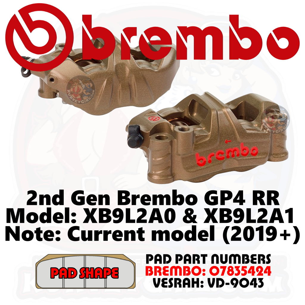 Part Number XB9L2A0 and XB9L2A1. Uses Brembo Brake Pad part number 07835424 or Vesrah brake pad VD-9043 RJL-SS. Two Brembo GP4-RR brake calipers in metallic bronze-gold color, shown against a white background with a large red Brembo logo at the top and product text below.