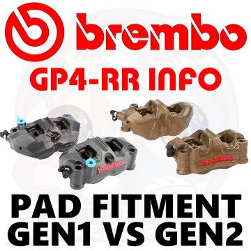 Brembo GP4-RR brake pad fitment comparison graphic showing four brake calipers in gray and brown tones with Brembo branding and text reading 'GP4-RR INFO' and 'PAD FITMENT GEN1 VS GEN2'.
