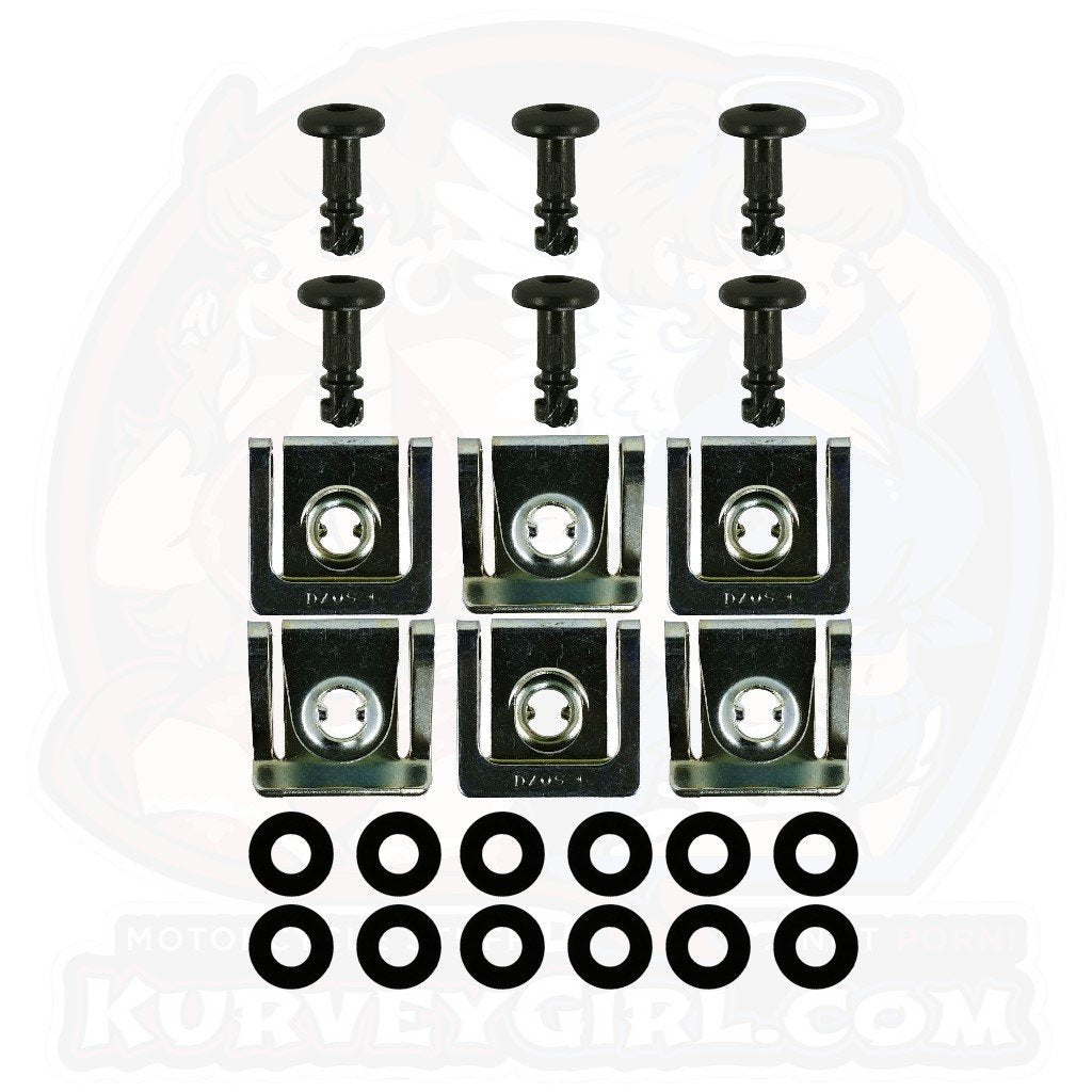 6pc: OEM Plastic Bodywork, DZUS (D8), Button Head, Clip-On, Black, WL=14mm